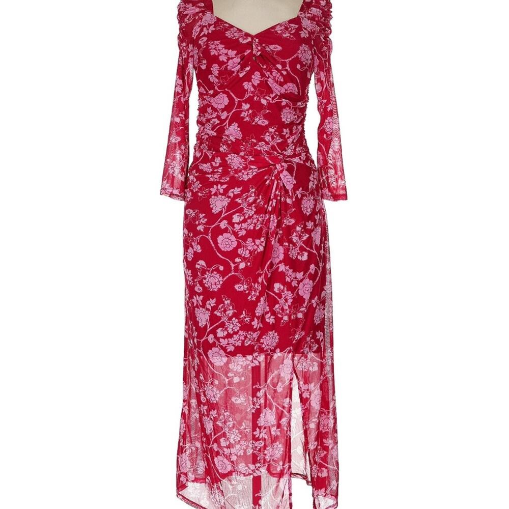House of Harlow 1960 Red Pink Floral Bell Sleeve Split Long Dress Sz M